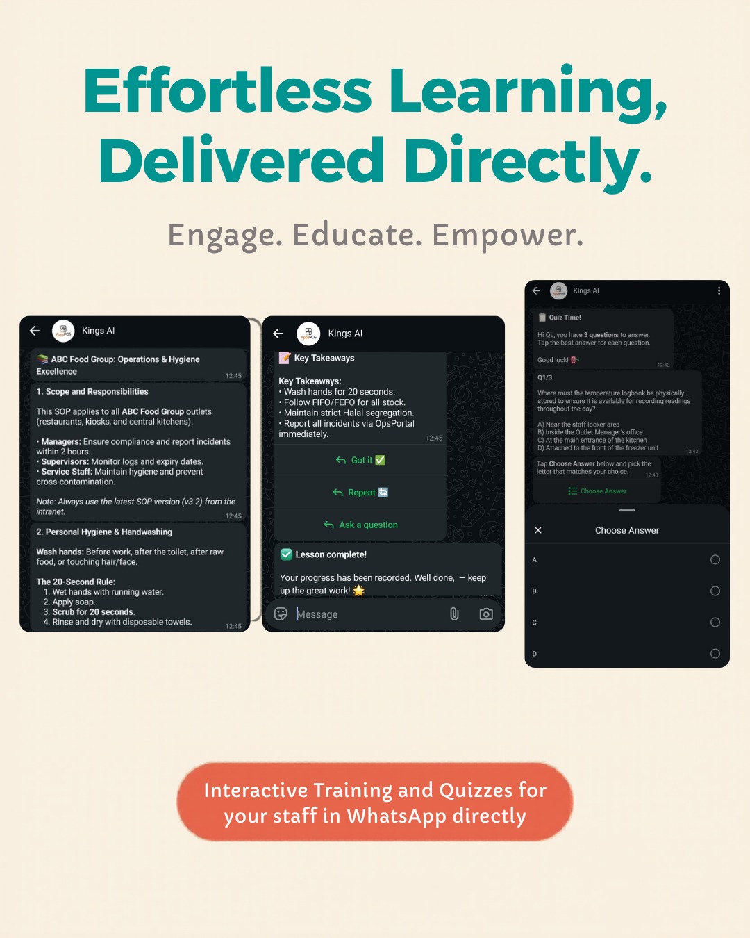Kings AI interactive WhatsApp training showing SOP lessons, key takeaways, and multiple-choice quiz questions delivered to F&B staff