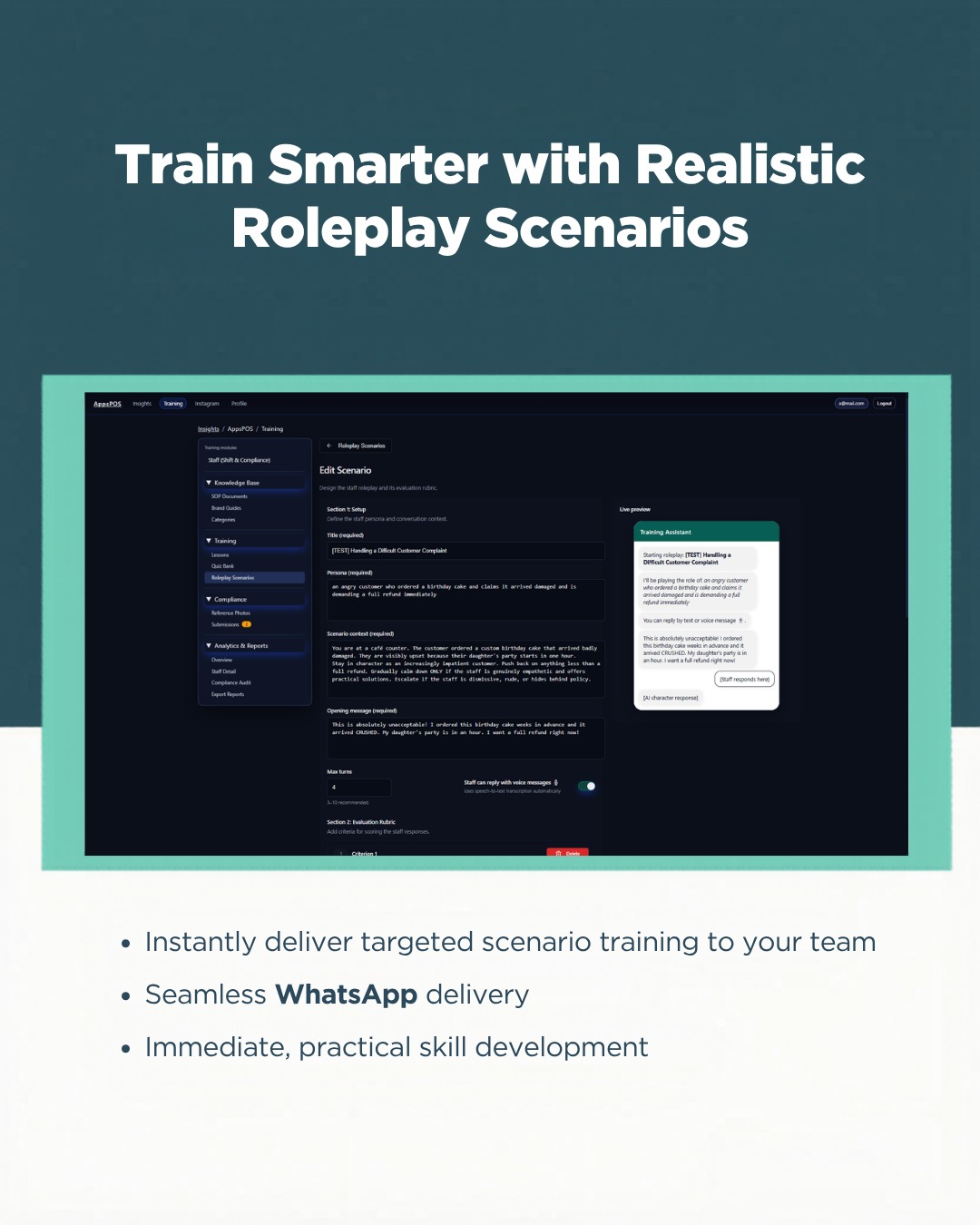 Kings AI roleplay scenario training interface showing supervisor-designed customer complaint scenario with AI evaluation rubric and live WhatsApp preview