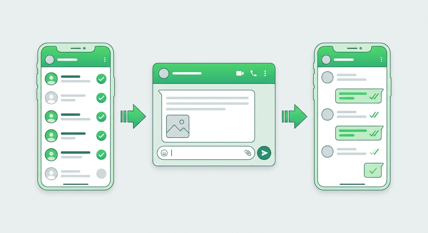 WhatsApp broadcast campaign flow showing contact selection, message composition, and delivery confirmation