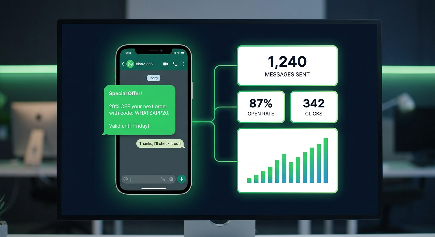 WhatsApp marketing dashboard showing broadcast campaign analytics and message delivery stats for Singapore F&B businesses