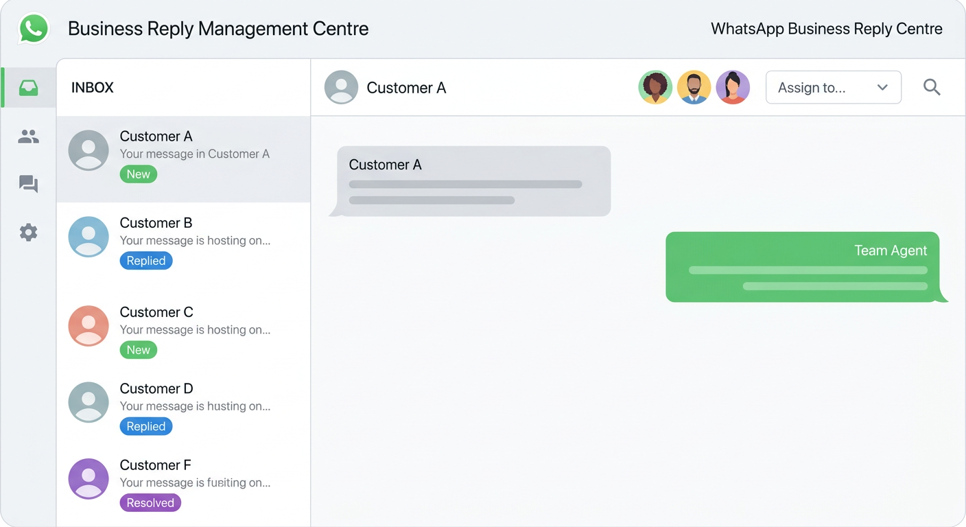 Business Reply Management Centre dashboard showing shared WhatsApp inbox with team assignment and conversation status tags